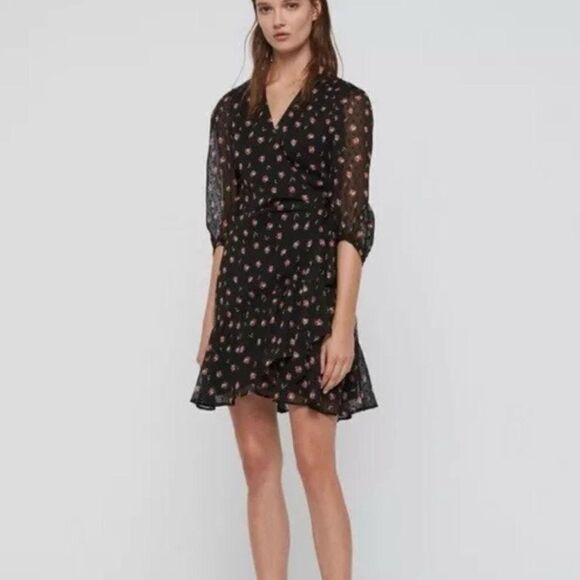 Allsaints black floral wrap dress - Picture 1 of 4